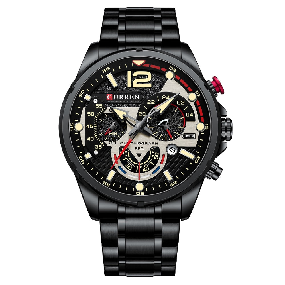 Relógio de pulso masculino CURREN com cronógrafo e pulseira preta em aço inoxidável