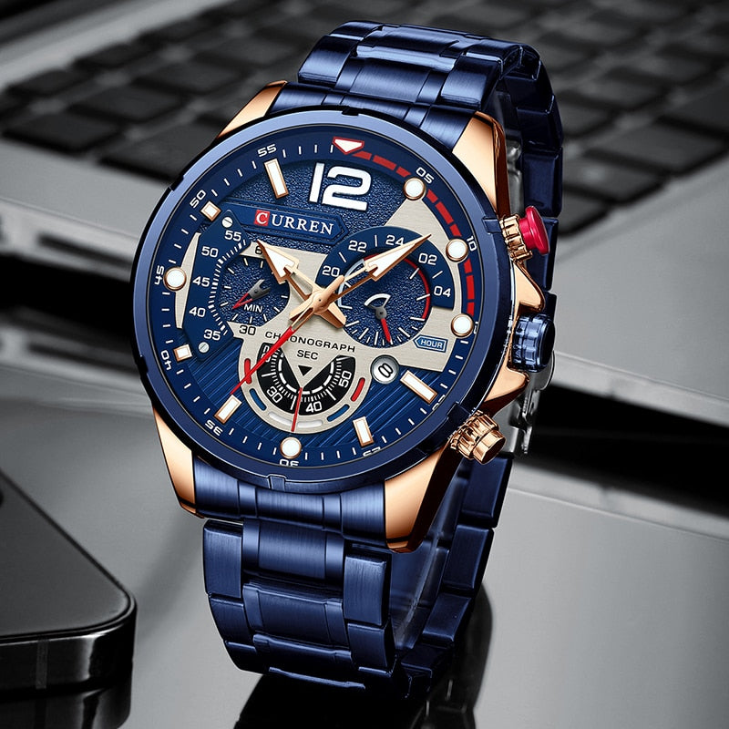 Relógio de pulso masculino CURREN com design azul e dourado e funcionalidade de cronógrafo
