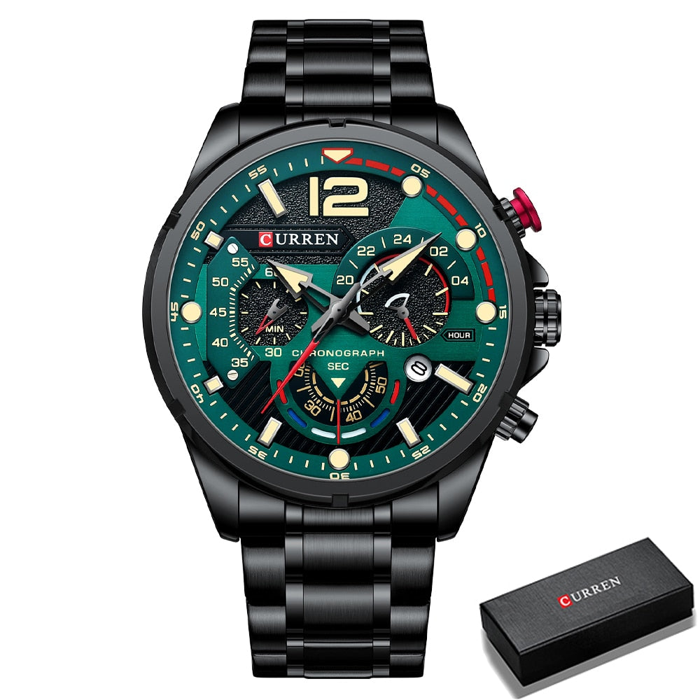 Relógio de pulso masculino CURREN com mostrador verde e pulseira de metal, ideal para uso diário