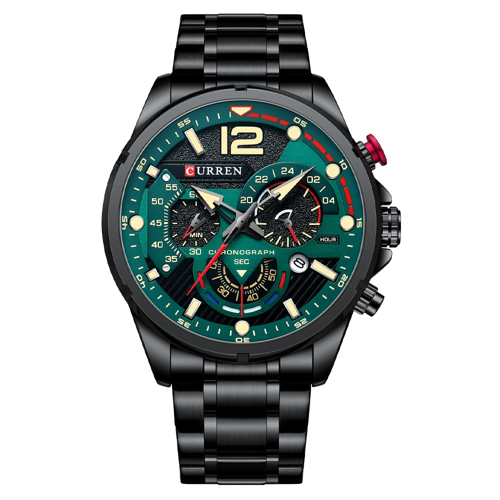 Relógio de pulso masculino CURREN com mostrador verde e pulseira preta em aço inoxidável