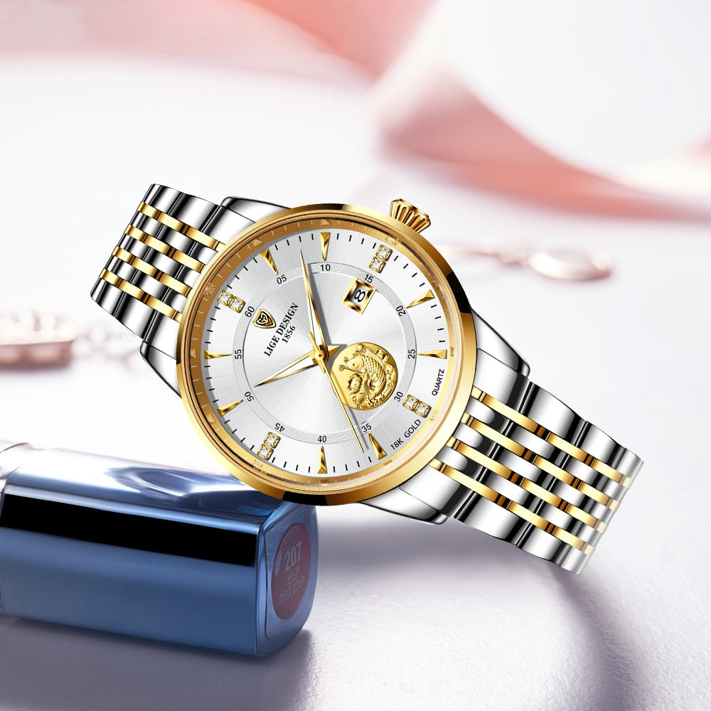 Relógio feminino luxo LIGE com mostrador branco e pulseira dourada e prateada, ideal para ocasiões especiais