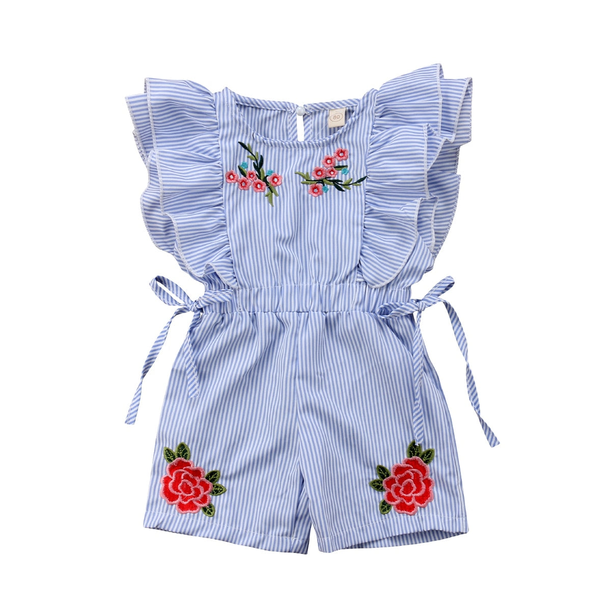Macacão listrado floral feminino infantil com detalhes em bordado e mangas em babados