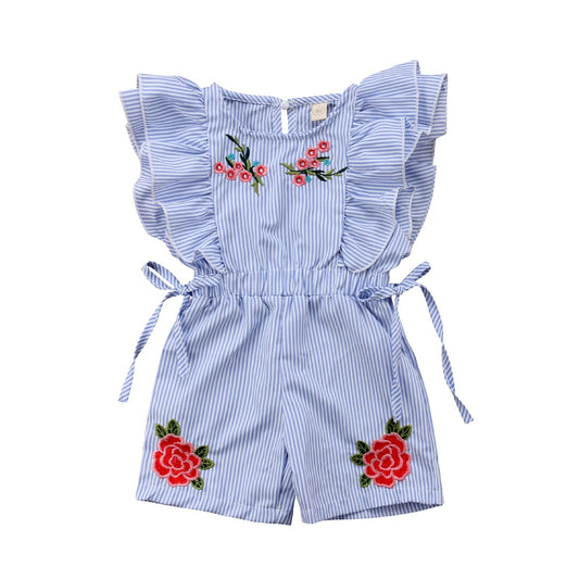 Macacão listrado floral feminino infantil com detalhes em bordado e mangas em babados