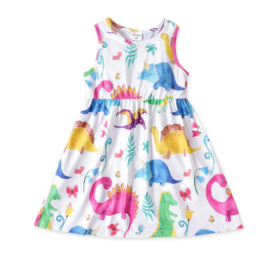 Vestido infantil feminino PATPAT com estampa colorida de dinossauros e borboletas para meninas
