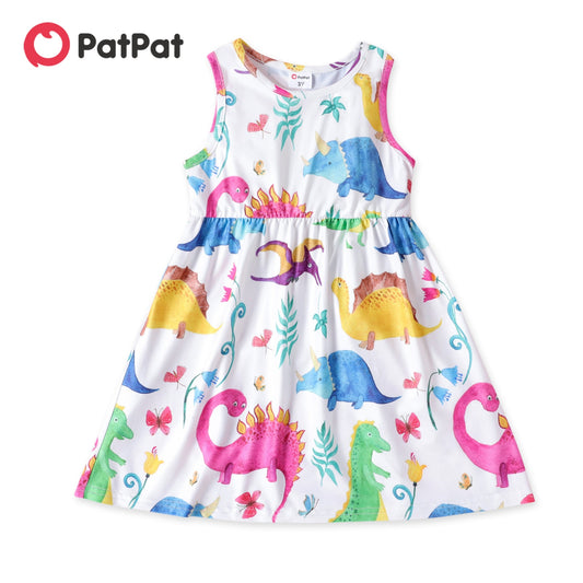Vestido infantil feminino PATPAT com estampa colorida de dinossauros e flores