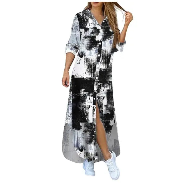 Vestido longo outono manga longa camisa feminina jeans vestidos longos bolso botão camisa estampado vestido casual vestidos soltos 2021 ZeeWes