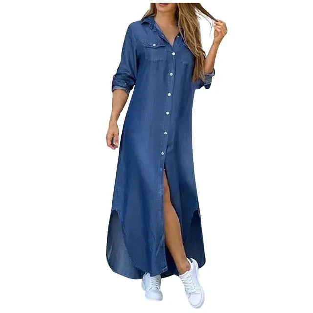 Vestido longo outono manga longa camisa feminina jeans vestidos longos bolso botão camisa estampado vestido casual vestidos soltos 2021 ZeeWes