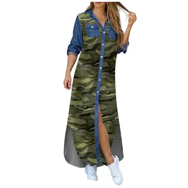 Vestido longo outono manga longa camisa feminina jeans vestidos longos bolso botão camisa estampado vestido casual vestidos soltos 2021 ZeeWes