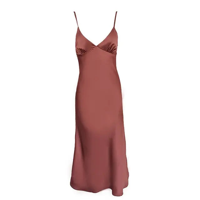 Vestido feminino cetim profundo decote em v sexy pijama liso de festa elegante verão espaguete casual CHURSES