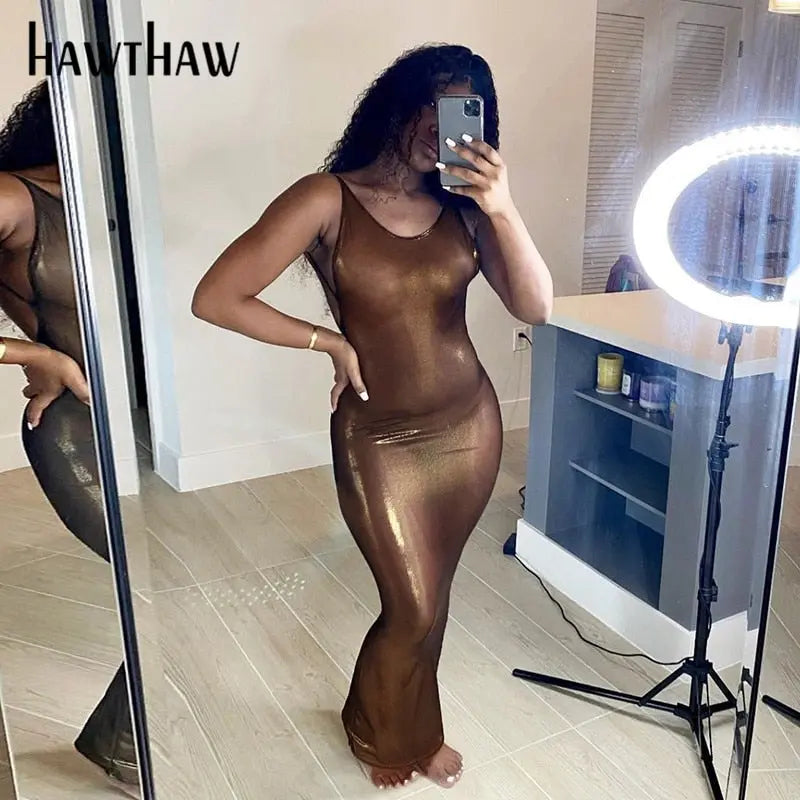 Hawthaw Mulheres Outono Verão Bodycon Festa Cor Sólida Sem Manga Vestido Longo Roupas Femininas Streetwear Atacado hawthaw