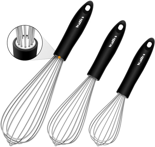 Conjunto de 3 batedores de ovos inox WALFOS com alças ergonômicas e design funcional para cozinhar
