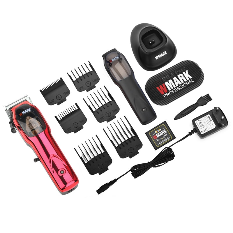 Máquina de cortar cabelo alta velocidade WMARK com vários acessórios e suportes para cortes profissionais.