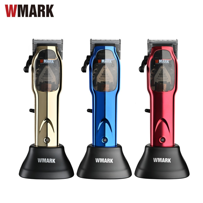 Máquina de cortar cabelo alta velocidade WMARK em três cores: dourada, azul e vermelha, com design moderno