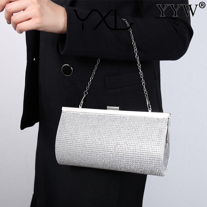 Bolsa feminina YYW prateada com strass e alça de corrente, ideal para ocasiões especiais